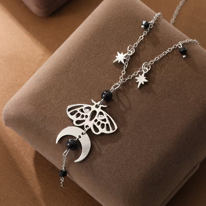 Crescent Moon, Moth and Star Pendant Neckalce