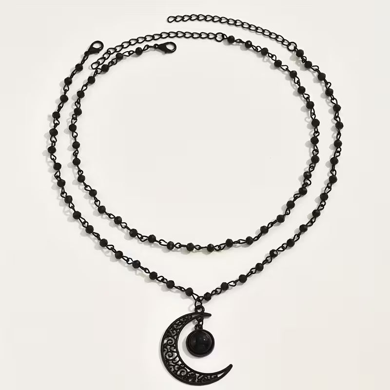 Multi-Layer Black Handmade Artificial Crystal Hollow Moon Pendant Necklace