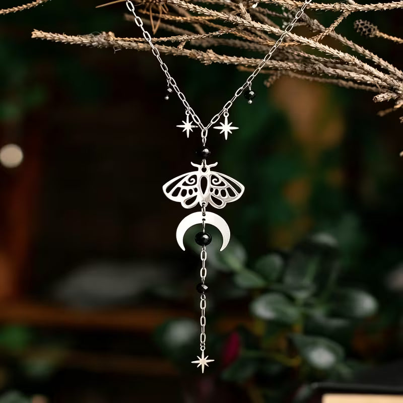 Crescent Moon, Moth and Star Pendant Neckalce