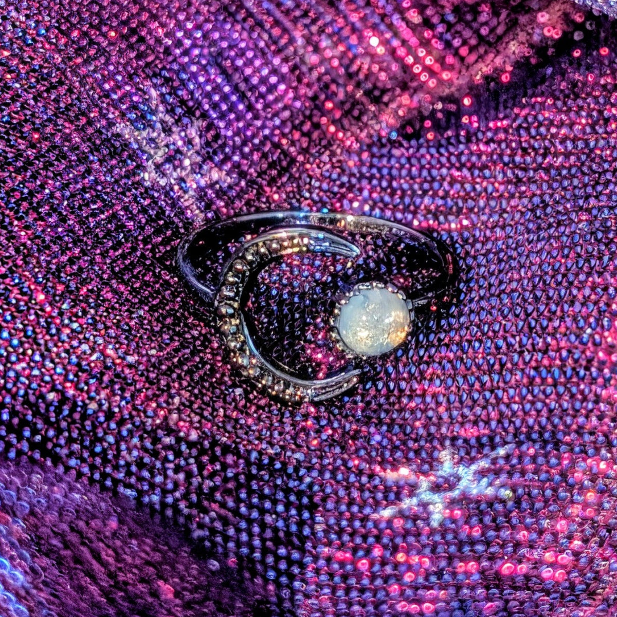 Crescent Moon Ring with Round Moonstone