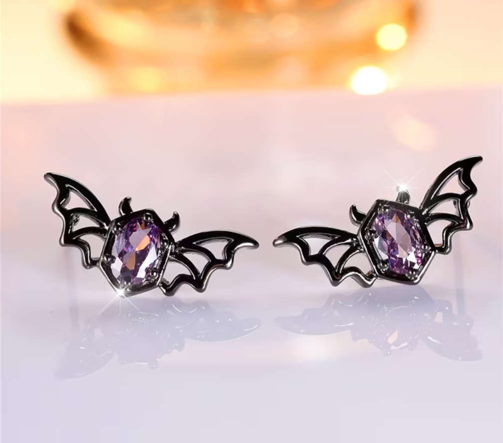 Bat Metal Stud Earrings with Oval Cut Purple Amethyst