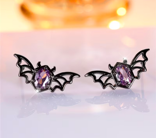 Bat Metal Stud Earrings with Oval Cut Purple Amethyst