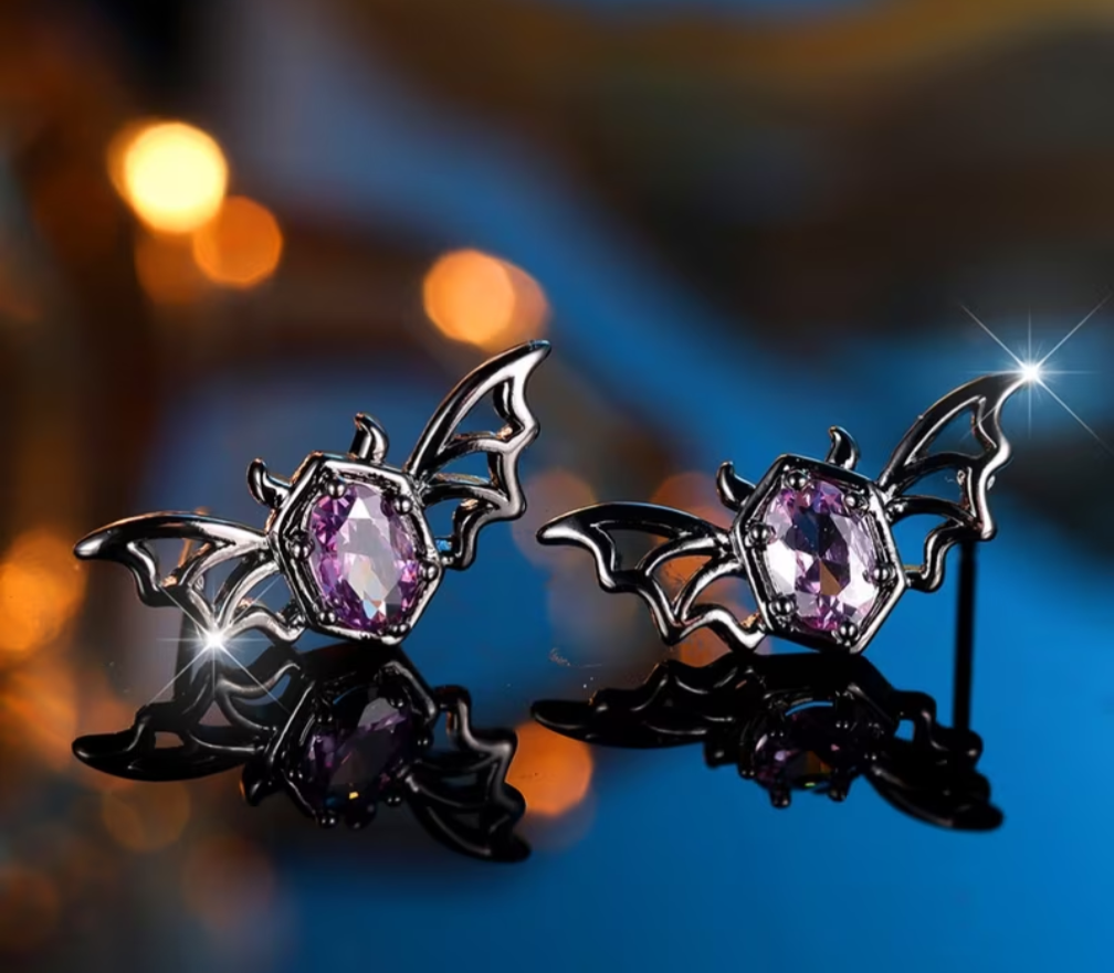 Bat Metal Stud Earrings with Oval Cut Purple Amethyst