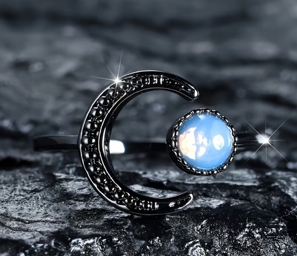 Crescent Moon Ring with Round Moonstone